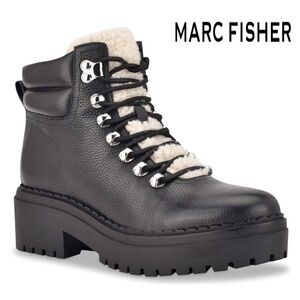 MARC FISHER WOMEN NIB NAIRY LACE-UP SHEARLING LUG SOLE BLACK LEATHER BOOTIE. 9M
